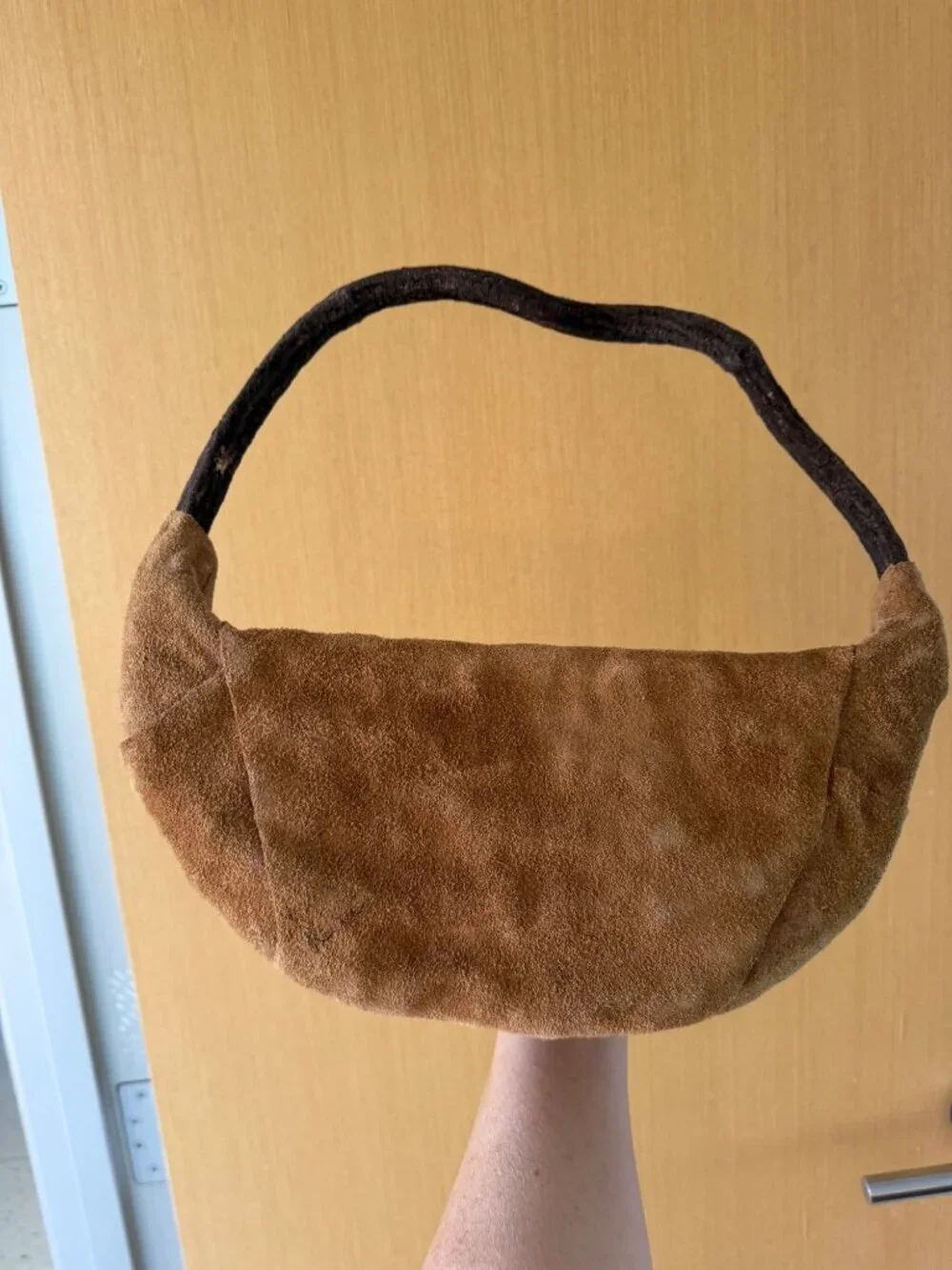 Vintage Handmade Bent Wood Suede Covered Wall Basket Brown Hobo Artist Signed